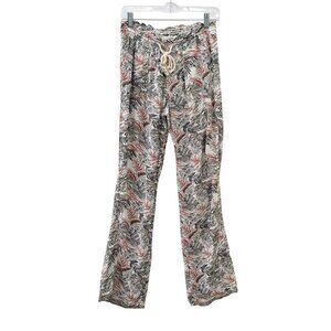 Cali 1850 Linen Blend Straight Leg Tropical Print Pants Drawstring Waist Women S